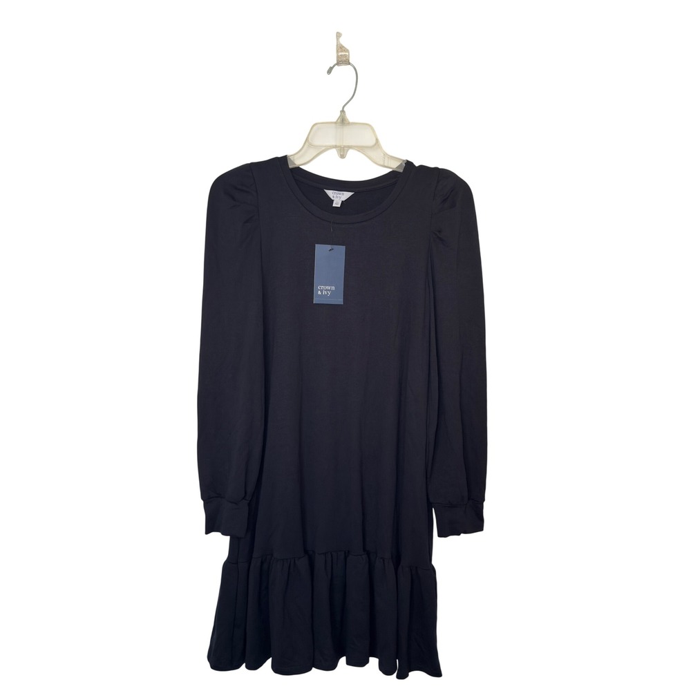 Crown & Ivy XS True Black Puff Long Sleeve Ruffle Hem‎ Preppy Quiet Luxury Dress